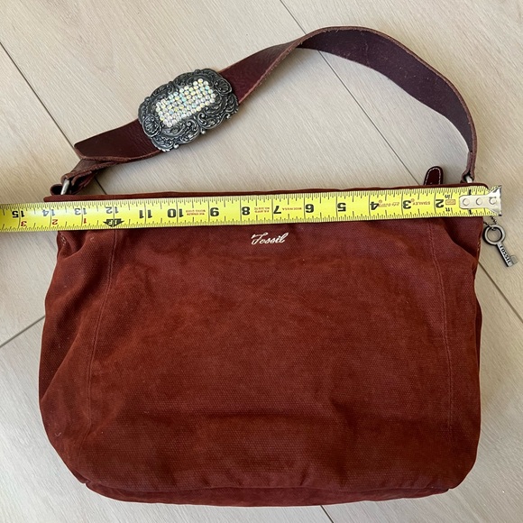Fossil Brand Brown Canvas Hobo Bag with Leather Strap with Rhinestone Buckle - Picture 5 of 9